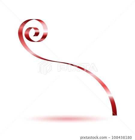Decorative red curling ribbon element. Christmas, New year, Birthday, Valentine's, Wedding, Holiday or Event decoration.  Isolated on white background with shadow. Realistic vector illustration. 108438180