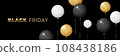 Black Friday sale banner template with black, white, gold balloon objects on dark background. Gold text lettering. Realistic vector illustration. 108438186