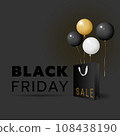 Black Friday sale banner template with black, white, gold balloon and shopping bag objects on dark background. Black and gold text lettering. Realistic vector illustration. 108438190