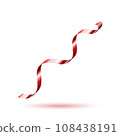 Decorative red curling ribbon element. Christmas, New year, Birthday, Valentine's, Wedding, Holiday or Event decoration.  Isolated on white background with shadow. Realistic vector illustration. 108438191
