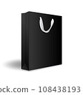 Blank black paper shopping bag or gift bag with ribbon handles mockup template. Isolated on white background with shadow. Ready to use for branding design. Realistic vector illustration. 108438193