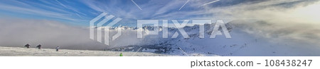 Panoramic image of a ski slope in Kanzelwand ski resort in Kleinwalsertal valley in Austria Panoramic image of a ski slope in Kanzelwand ski resort in Kleinwalsertal valley in Austria 108438247