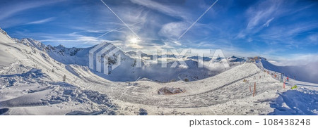 Panoramic image of a ski slope in Kanzelwand ski resort in Kleinwalsertal valley in Austria Panoramic image of a ski slope in Kanzelwand ski resort in Kleinwalsertal valley in Austria 108438248