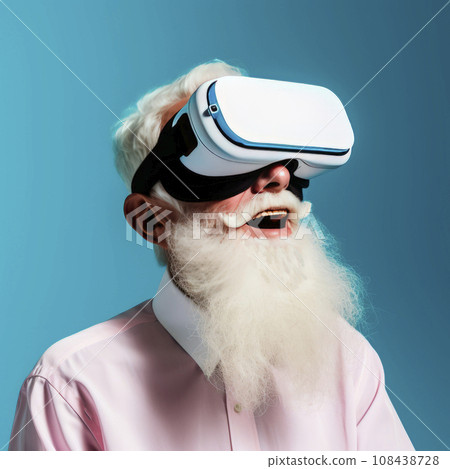 An elderly man wearing virtual reality glasses on a blue background.  108438728