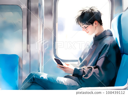 年輕人在火車上看智慧型手機 年輕人在火車上看智慧型手機 108439112