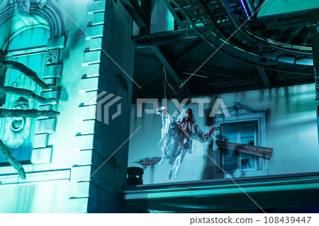 Bride ghost with blood flying in haunted house. Haloween Bride ghost with blood flying in haunted house. Haloween 108439447