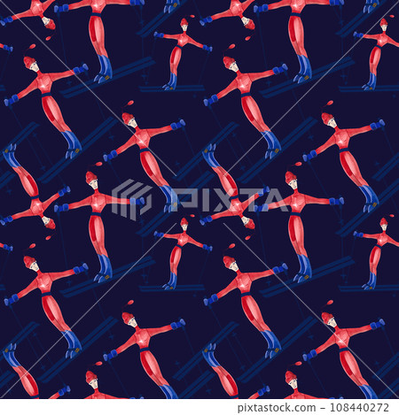 Watercolor seamless patern with skiers. Winter textile. Sport costume. Wrapping paper for ski resort souvenirs. Dark background Watercolor seamless patern with skiers. Winter textile. Sport costume. Wrapping paper for ski resort souvenirs. Dark background 108440272