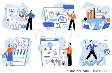 Business manage. Vector illustration. Effective management is key to well-functioning organization Business management is like orchestrating symphony Workplaces thrive when there is strong leadership Business manage. Vector illustration. Effective management is key to well-functioning organization Business management is like orchestrating symphony Workplaces thrive when there is strong leadership 108441248