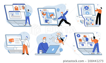 Digital marketing vector illustration. Occupations in digital marketing require deep understanding various commercial aspects Trade and commerce are greatly influenced by digital marketing strategies 108441273