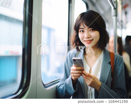 Smiling woman using a smartphone in the car 108441298