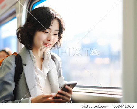 Smiling woman using a smartphone in the car 108441300