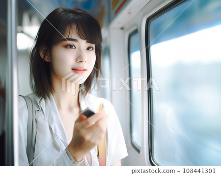 在車上使用智慧型手機的微笑女人 在車上使用智慧型手機的微笑女人 108441301