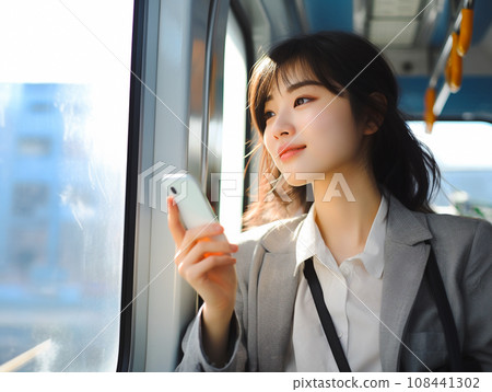 在車上使用智慧型手機的微笑女人 在車上使用智慧型手機的微笑女人 108441302