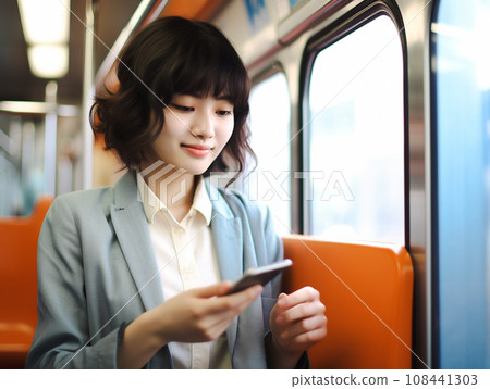 在車上使用智慧型手機的微笑女人 在車上使用智慧型手機的微笑女人 108441303