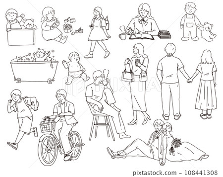 Black and white, line drawing illustration (wedding, couple, husband and wife, child's growth process, encounter, happiness, self-introduction, invitation) 108441308