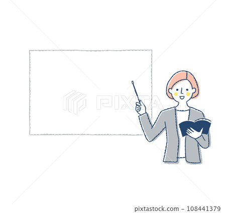 A woman explaining with an instruction stick and a whiteboard A woman explaining with an instruction stick and a whiteboard 108441379