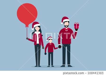 Happy family in Christmas Day,Husband holds a gift and holds his son's hand, wife holds a red balloon, xmas, Christmas person, Illustrations vector.	 108441383