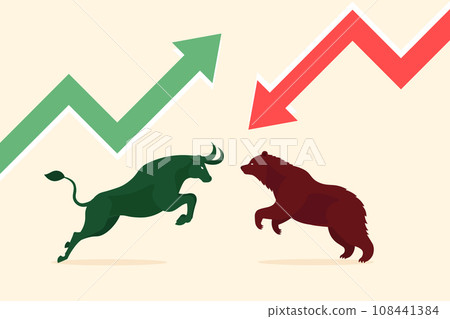 investment consept, red down arrow graph and green up arrow, bear or bearish market trend , Bull or bullish run in the stock market , Cryptocurrency, price chart, vector illustration. investment consept, red down arrow graph and green up arrow, bear or bearish market trend , Bull or bullish run in the stock market , Cryptocurrency, price chart, vector illustration. 108441384