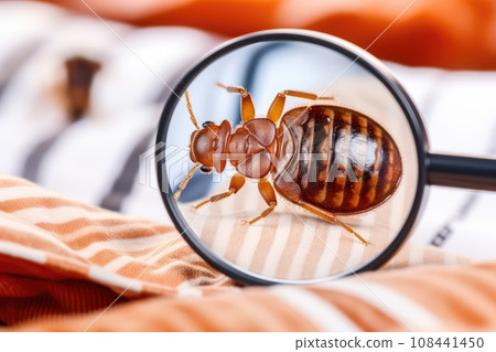 This close-up image captures a bed bug, a common household pest, as it crawls across a white bed linen. The detailed photograph highlights the bug's small size and distinct features, serving as This close-up image captures a bed bug, a common household pest, as it crawls across a white bed linen. The detailed photograph highlights the bug's small size and distinct features, serving as 108441450