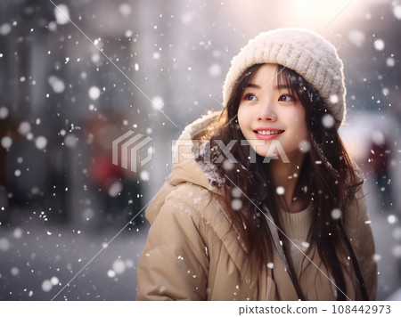 A woman looking at the falling snow A woman looking at the falling snow 108442973