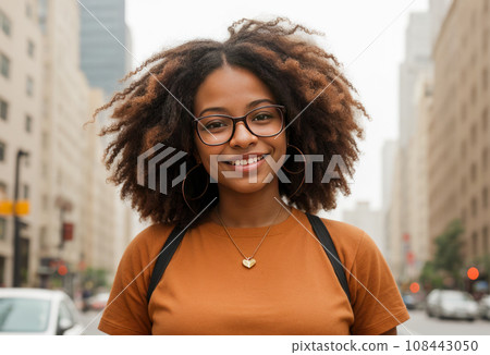 Happy successful African American young woman standing in big city modern skyscrapers street on sunset thinking of successful vision, student girl on street. 108443050