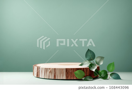 natural Cosmetic product display on green background. Wood slice podium and green leaves. scene stage showcase for new product, promotion sale, banner, presentation, cosmetic 108443096
