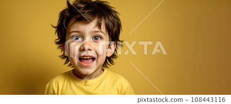 Portrait of surprised little boy isolated on yellow background. boy is surprised. portrait of a beautiful little boy Portrait of surprised little boy isolated on yellow background. boy is surprised. portrait of a beautiful little boy 108443116