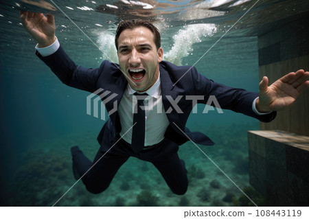 bankrupt businessman drowns in panic. business man wearing suit is drowning underwater, trapped emotions. business bankruptcy, economic and financial crisis. 108443119