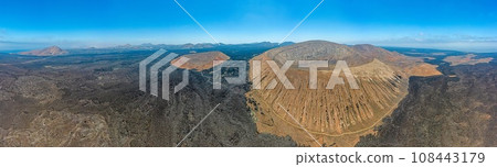Panoramic drone picture over the barren volcanic Timanfaya National Park on Lanzarote Panoramic drone picture over the barren volcanic Timanfaya National Park on Lanzarote 108443179