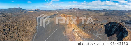 Panoramic drone picture over the barren volcanic Timanfaya National Park on Lanzarote 108443180
