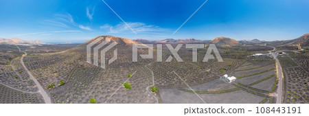 Panoramic drone picture over the barren volcanic Timanfaya National Park on Lanzarote Panoramic drone picture over the barren volcanic Timanfaya National Park on Lanzarote 108443191
