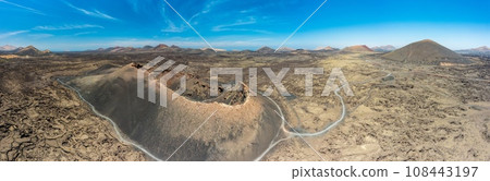 Panoramic drone picture over the barren volcanic Timanfaya National Park on Lanzarote 108443197