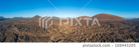 Panoramic drone picture over the barren volcanic Timanfaya National Park on Lanzarote Panoramic drone picture over the barren volcanic Timanfaya National Park on Lanzarote 108443205