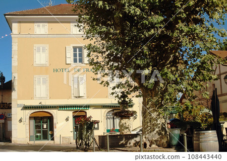 View of the Hotel France with a beautiful antique fountain and and big old tree in Ferney-Voltaire, France. View of the Hotel France with a beautiful antique fountain and and big old tree in Ferney-Voltaire, France. 108443440