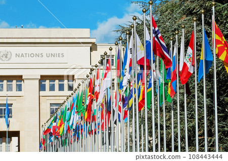 Flags in front in front of entrance United Nations Palais in Geneva Switzerland. Flags in front in front of entrance United Nations Palais in Geneva Switzerland. 108443444