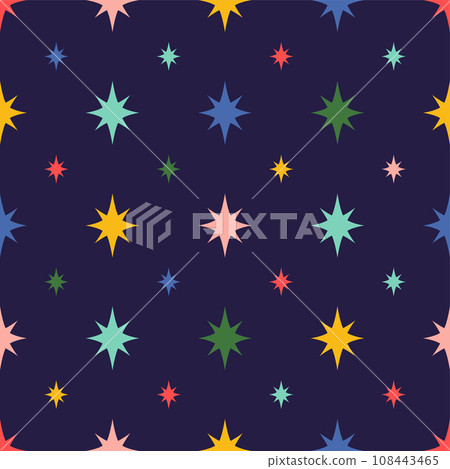 Colorful star seamless pattern on dark blue background. Mid Century Christmas vector repeat print Colorful star seamless pattern on dark blue background. Mid Century Christmas vector repeat print 108443465