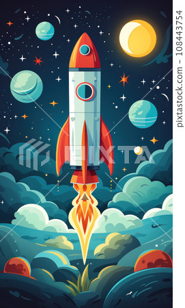 Spaceship rocket flies in space Spaceship rocket flies in space 108443754