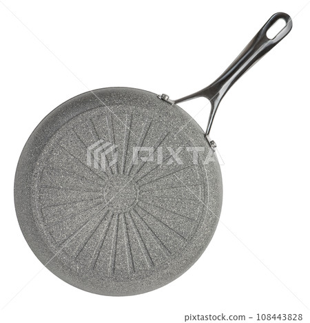 Frying pan with non-stick coating on a white isolated background. New gray frying pan, clipart for inserting into a design or project. Overlay for kitchen theme. Bottom view. 108443828