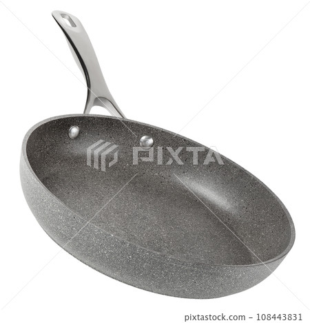 Frying pan with non-stick coating on a white isolated background. New gray frying pan, clipart for inserting into a design or project. Overlay for kitchen theme. Side view. Frying pan with non-stick coating on a white isolated background. New gray frying pan, clipart for inserting into a design or project. Overlay for kitchen theme. Side view. 108443831