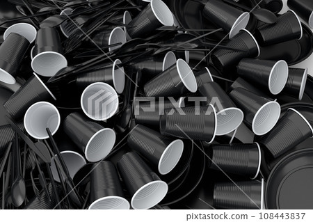 Heap of disposable utensils like plate, folk, spoon,knife and cup on white. Heap of disposable utensils like plate, folk, spoon,knife and cup on white. 108443837