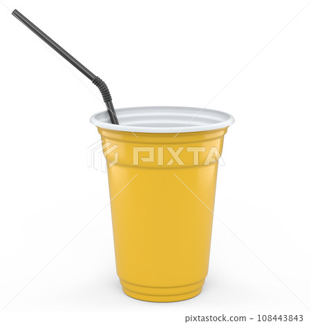 Plastic disposable party cup for coffee or fresh with straw on white background. Plastic disposable party cup for coffee or fresh with straw on white background. 108443843