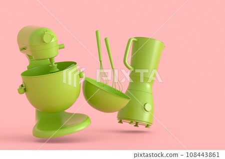 Mixer and bowl with kitchen utensil for preparation of dough on monochrome Mixer and bowl with kitchen utensil for preparation of dough on monochrome 108443861
