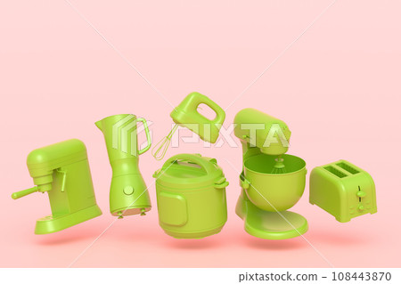 Kitchen appliances and utensils for making breakfast on monochrome background Kitchen appliances and utensils for making breakfast on monochrome background 108443870