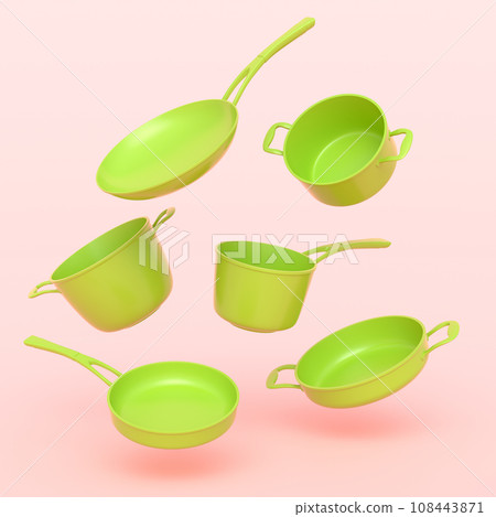 Set of flying stewpot, frying pan and plated cookware on monochrome background Set of flying stewpot, frying pan and plated cookware on monochrome background 108443871