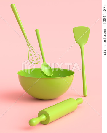 Metal bowl with kitchen utensil for preparation of dough on monochrome backgroun Metal bowl with kitchen utensil for preparation of dough on monochrome backgroun 108443873