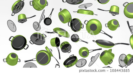 Many of flying frying pan with glass lid on white background, non-stick Many of flying frying pan with glass lid on white background, non-stick 108443885
