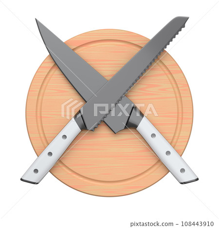 Chef's kitchen knives on a wooden board isolated on white background. 108443910