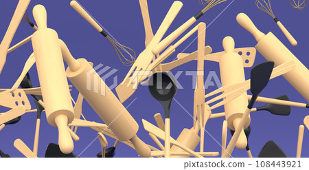 Many of flying kitchen utensils, tools and equipment on violet background. 108443921