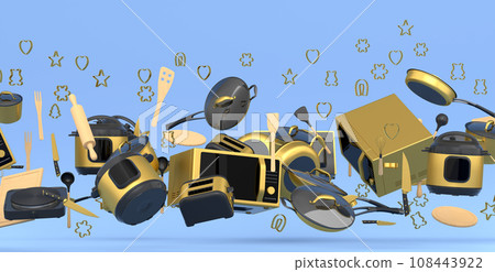 Electric kitchen appliances and utensils for making pastry on blue background Electric kitchen appliances and utensils for making pastry on blue background 108443922