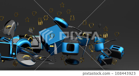 Electric kitchen appliances and utensils for making pastry on black background Electric kitchen appliances and utensils for making pastry on black background 108443923